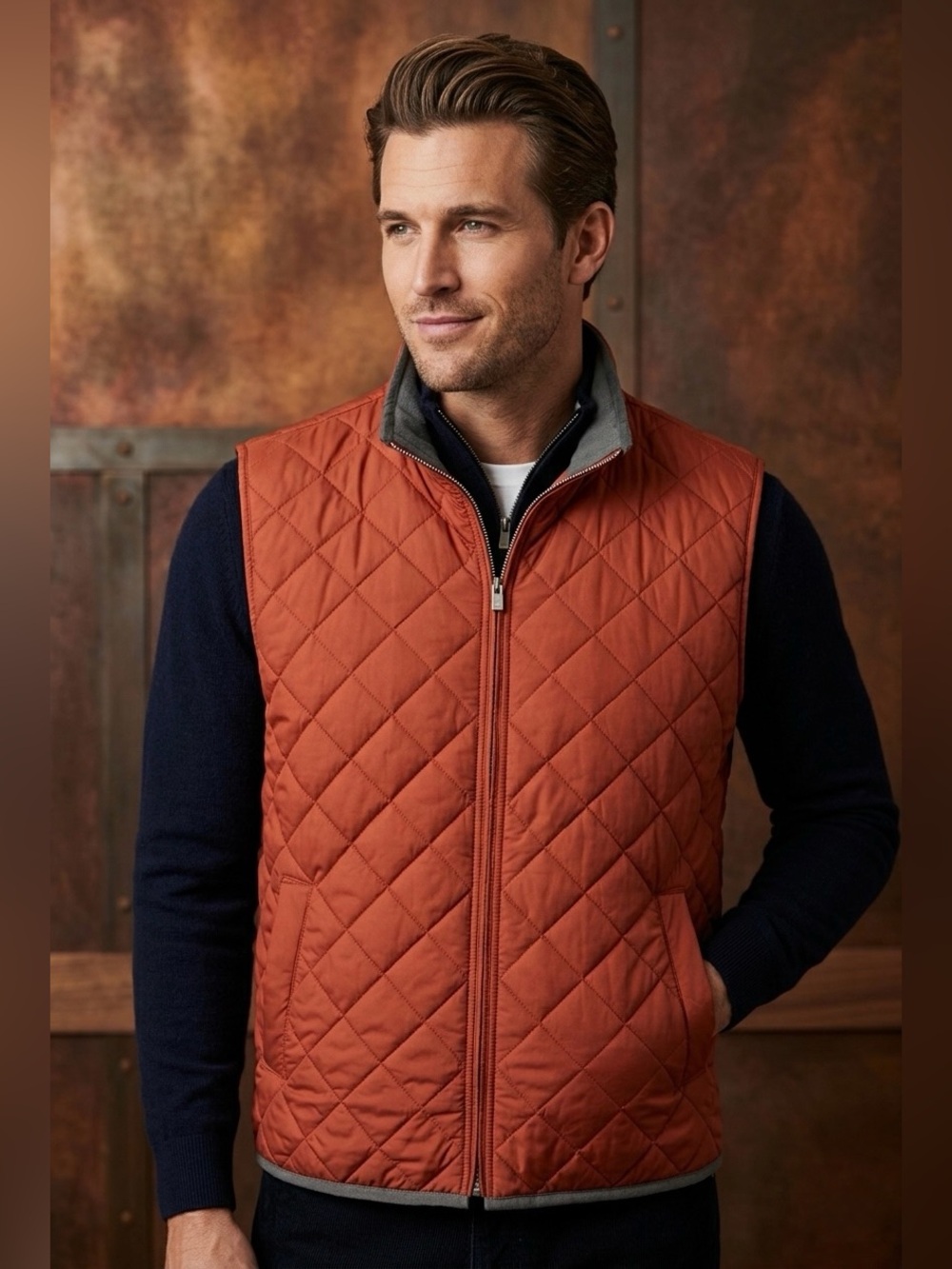 Peter Millar Mountainside Quilted Vest Mens Large Burnt Orange Full Zip Fleece